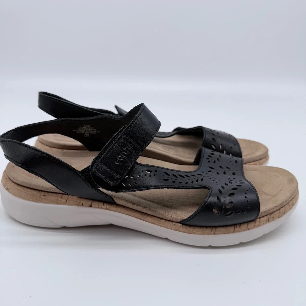 Earth Etrecent Black Leather Laser Cut Comfort Sandals Women 12M ETRECENT